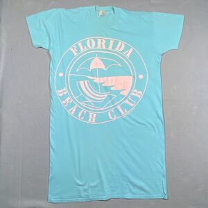Vintage 80s Florida Beach Club Shirt Dress One Size Aqua Blue Cover‎ Up USA Made